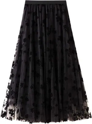 Women's Tulle Skirt Pleated Tutu Skirts Elastic High Waist Elegant Point Floral Printed Mesh Lady A Line Midi Skirt