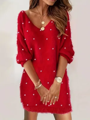 Women's V-Neck Polyester Blouse Dress, Elegant & Semi-Sheer, All Seasons.