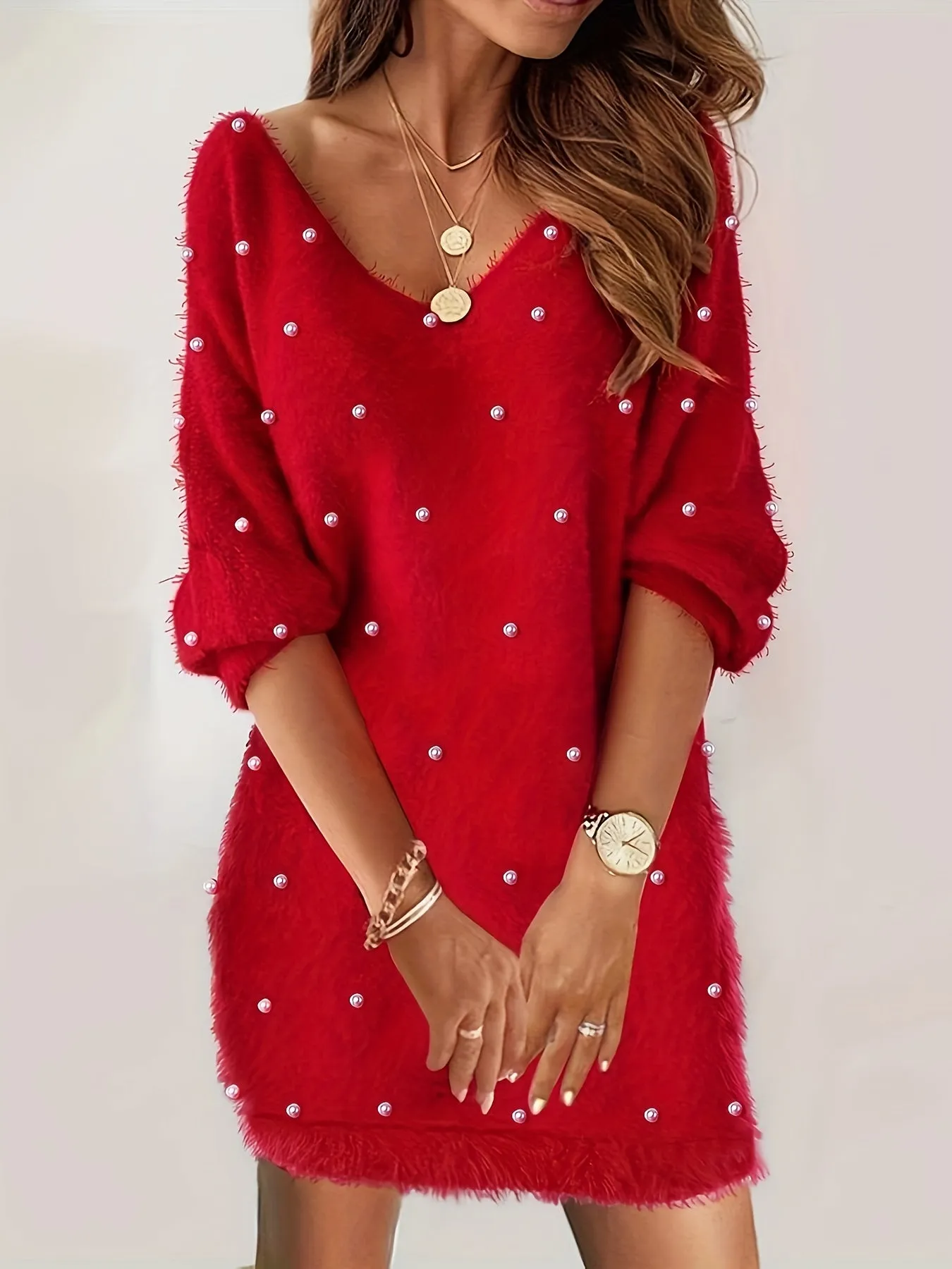 Women's V-Neck Polyester Blouse Dress, Elegant & Semi-Sheer, All Seasons.