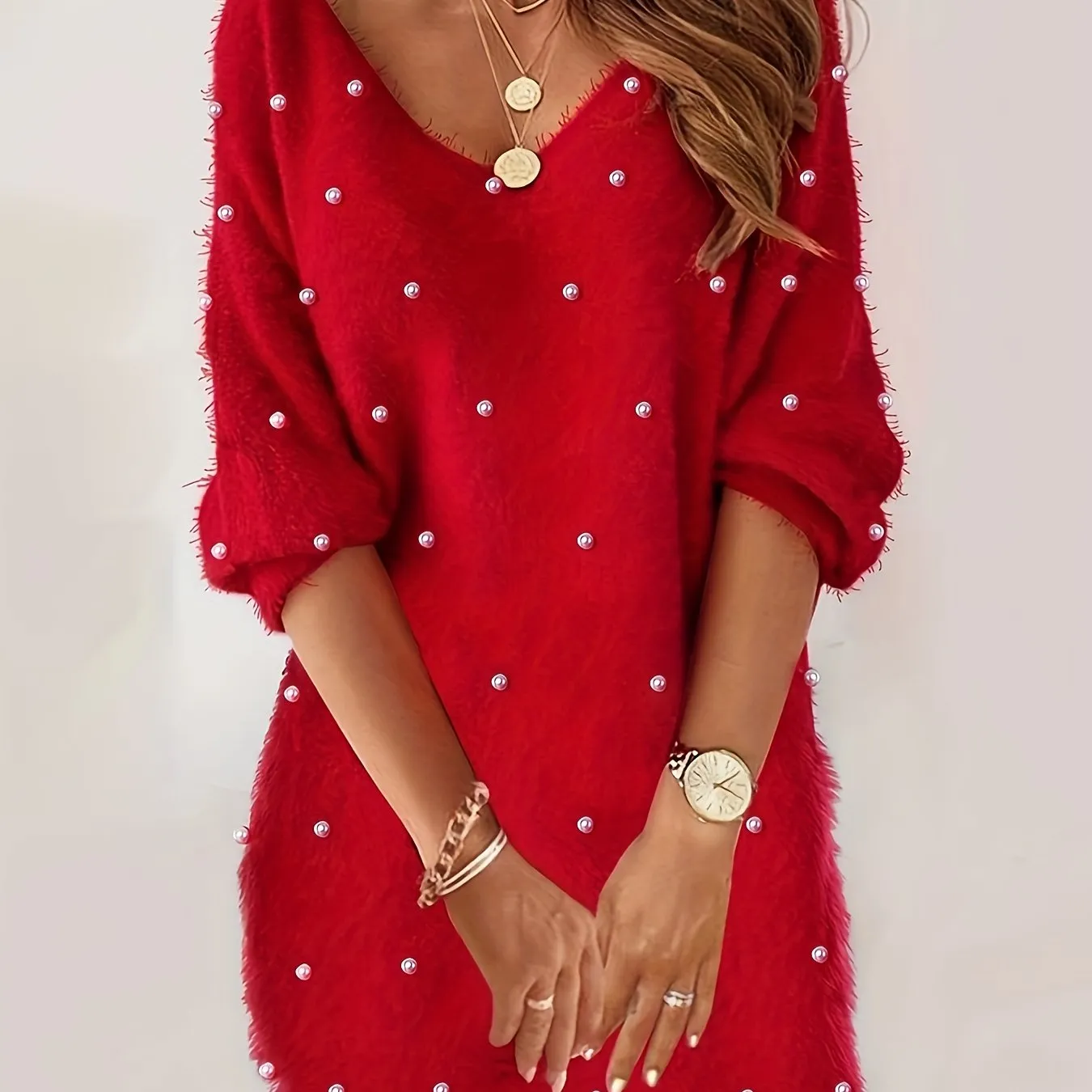 Women's V-Neck Polyester Blouse Dress, Elegant & Semi-Sheer, All Seasons.
