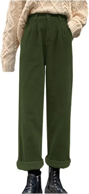 Women's Vintage High Waisted Straight Leg Corduroy Pants Trouser