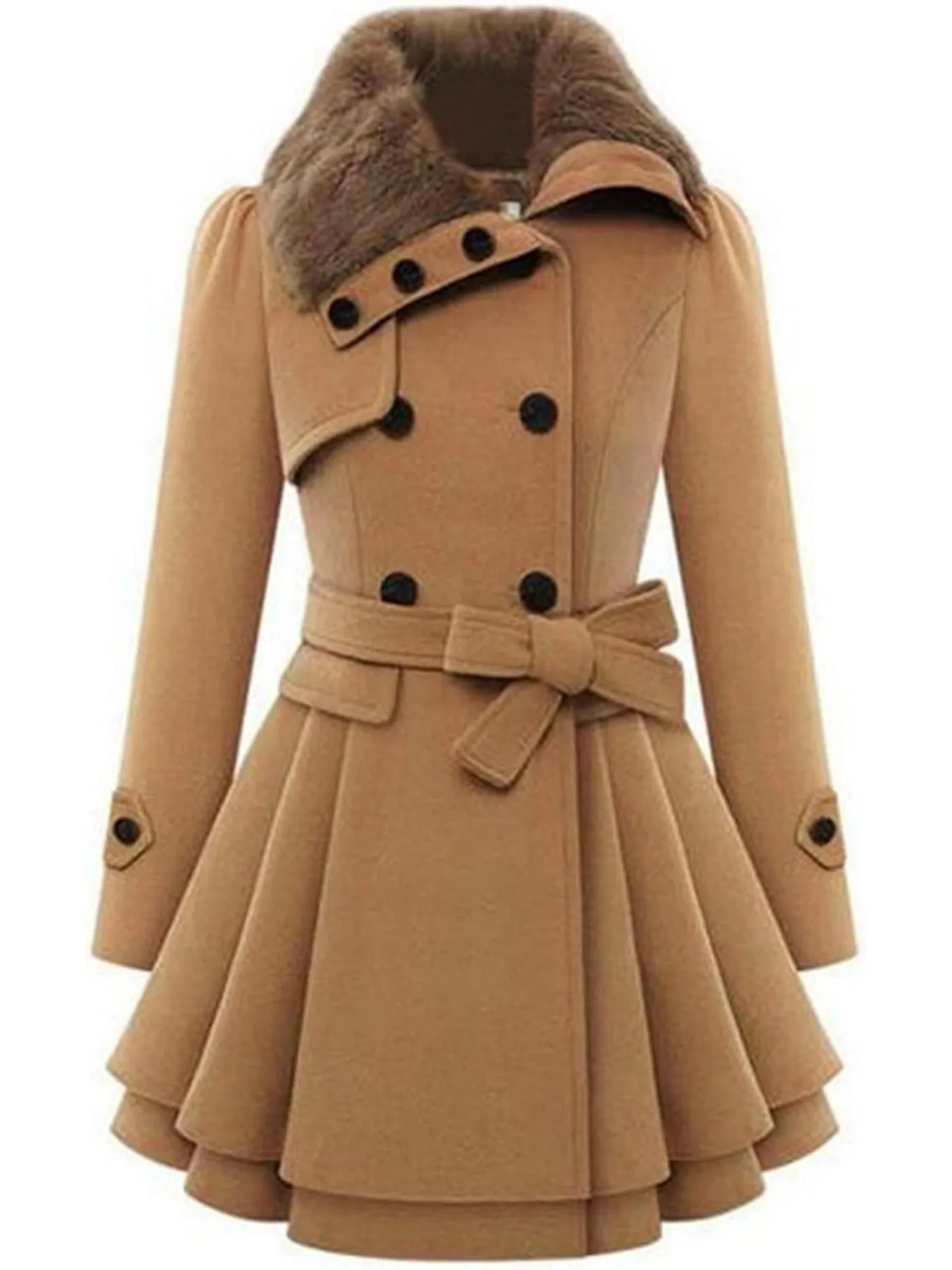 Women's Winter Pea Coat, Double-Breasted Faux Fur Jacket