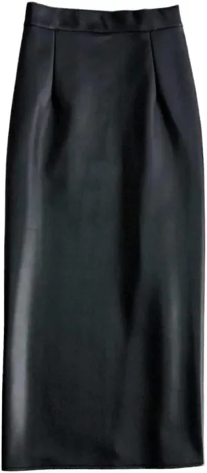 Women's Winter PU Leather Midi Skirts Pencil Bodycon Elegant Office Ladies High Waist Faux Stretch Sexy Skirt