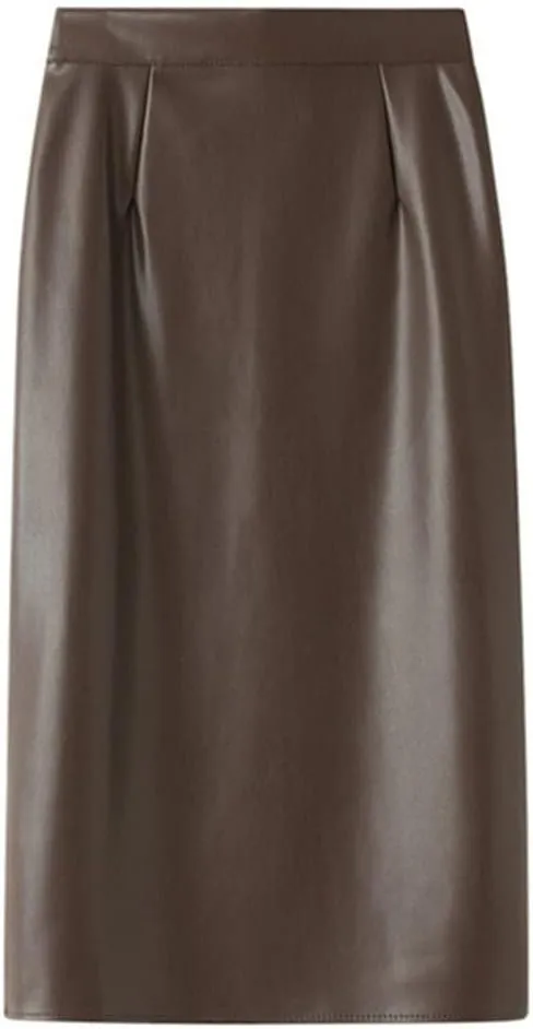 Women's Winter PU Leather Midi Skirts Pencil Bodycon Elegant Office Ladies High Waist Faux Stretch Sexy Skirt
