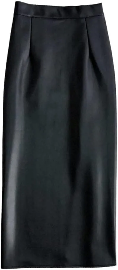 Women's Winter PU Leather Midi Skirts Pencil Bodycon Elegant Office Ladies High Waist Faux Stretch Sexy Skirt