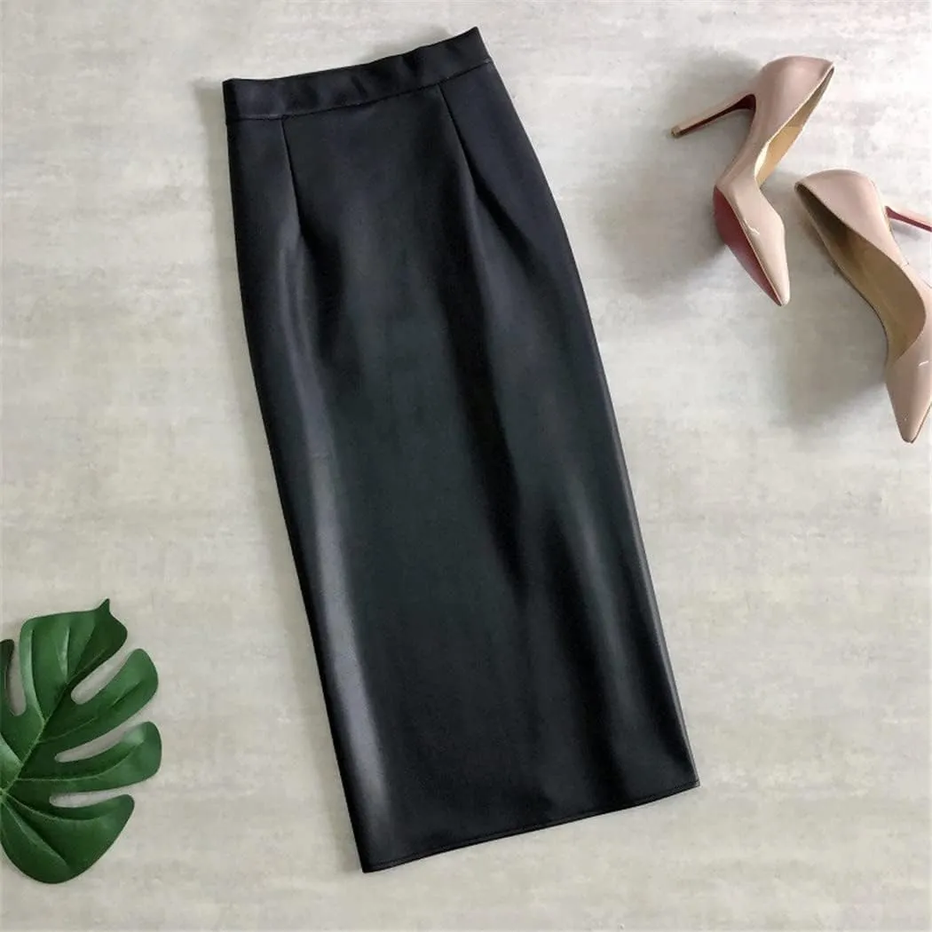 Women's Winter PU Leather Midi Skirts Pencil Bodycon Elegant Office Ladies High Waist Faux Stretch Sexy Skirt