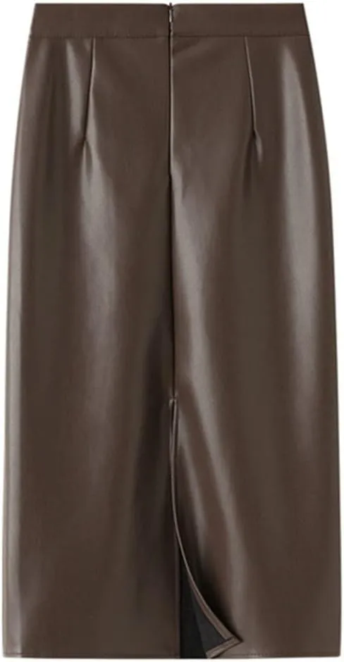 Women's Winter PU Leather Midi Skirts Pencil Bodycon Elegant Office Ladies High Waist Faux Stretch Sexy Skirt