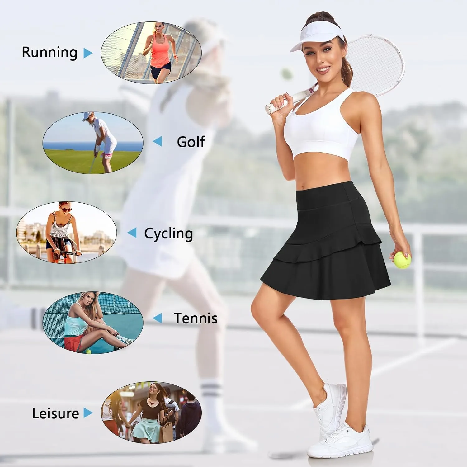 WOWENY Women's Active Skort Athletic Ruffle 17" Pleated Tennis Skirt with Pocket for Ladies Running Golf Workout
