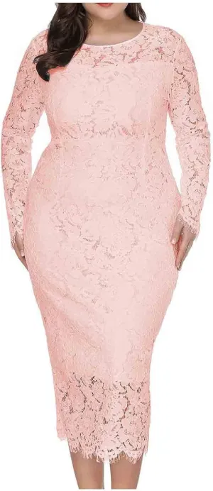 XUNRYAN Womens Plus Size Floral Lace Long Sleeve Round Neck Elegant Bodycon Midi Dress Cocktail Wedding Guest Dresses Gown