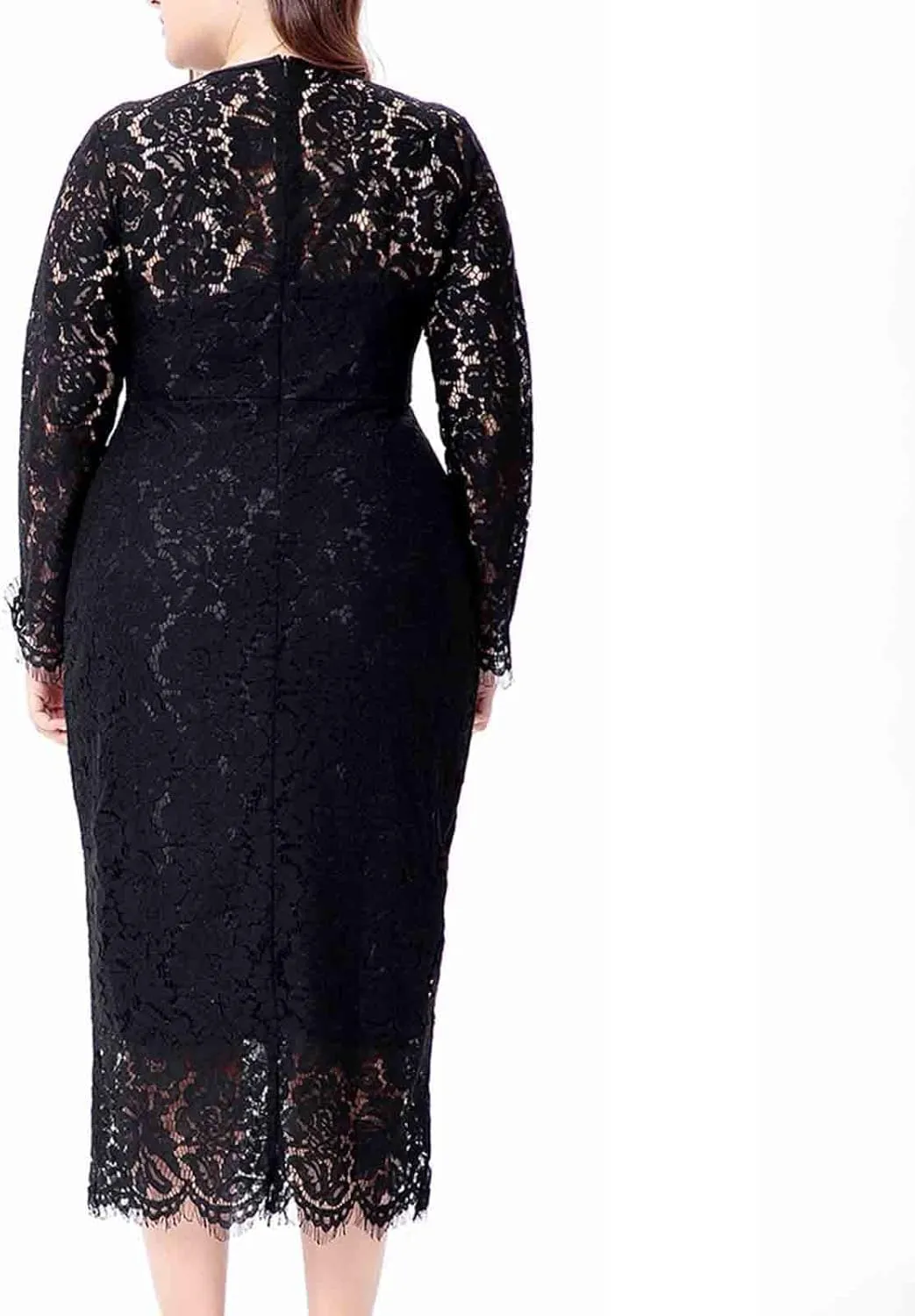 XUNRYAN Womens Plus Size Floral Lace Long Sleeve Round Neck Elegant Bodycon Midi Dress Cocktail Wedding Guest Dresses Gown