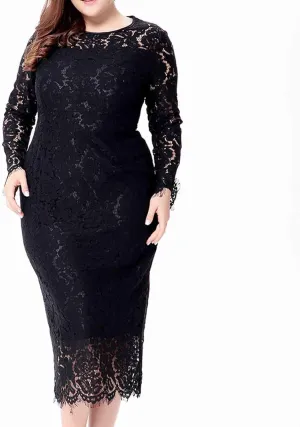 XUNRYAN Womens Plus Size Floral Lace Long Sleeve Round Neck Elegant Bodycon Midi Dress Cocktail Wedding Guest Dresses Gown