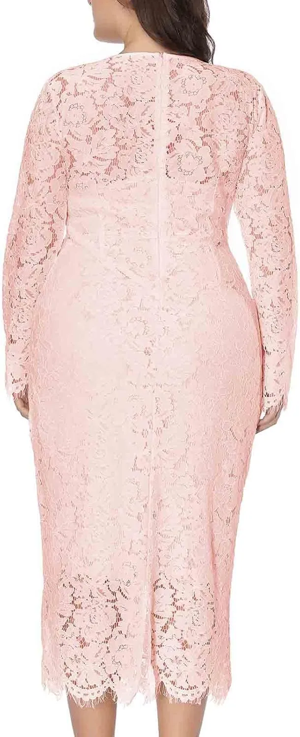 XUNRYAN Womens Plus Size Floral Lace Long Sleeve Round Neck Elegant Bodycon Midi Dress Cocktail Wedding Guest Dresses Gown