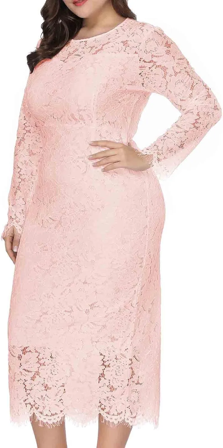 XUNRYAN Womens Plus Size Floral Lace Long Sleeve Round Neck Elegant Bodycon Midi Dress Cocktail Wedding Guest Dresses Gown