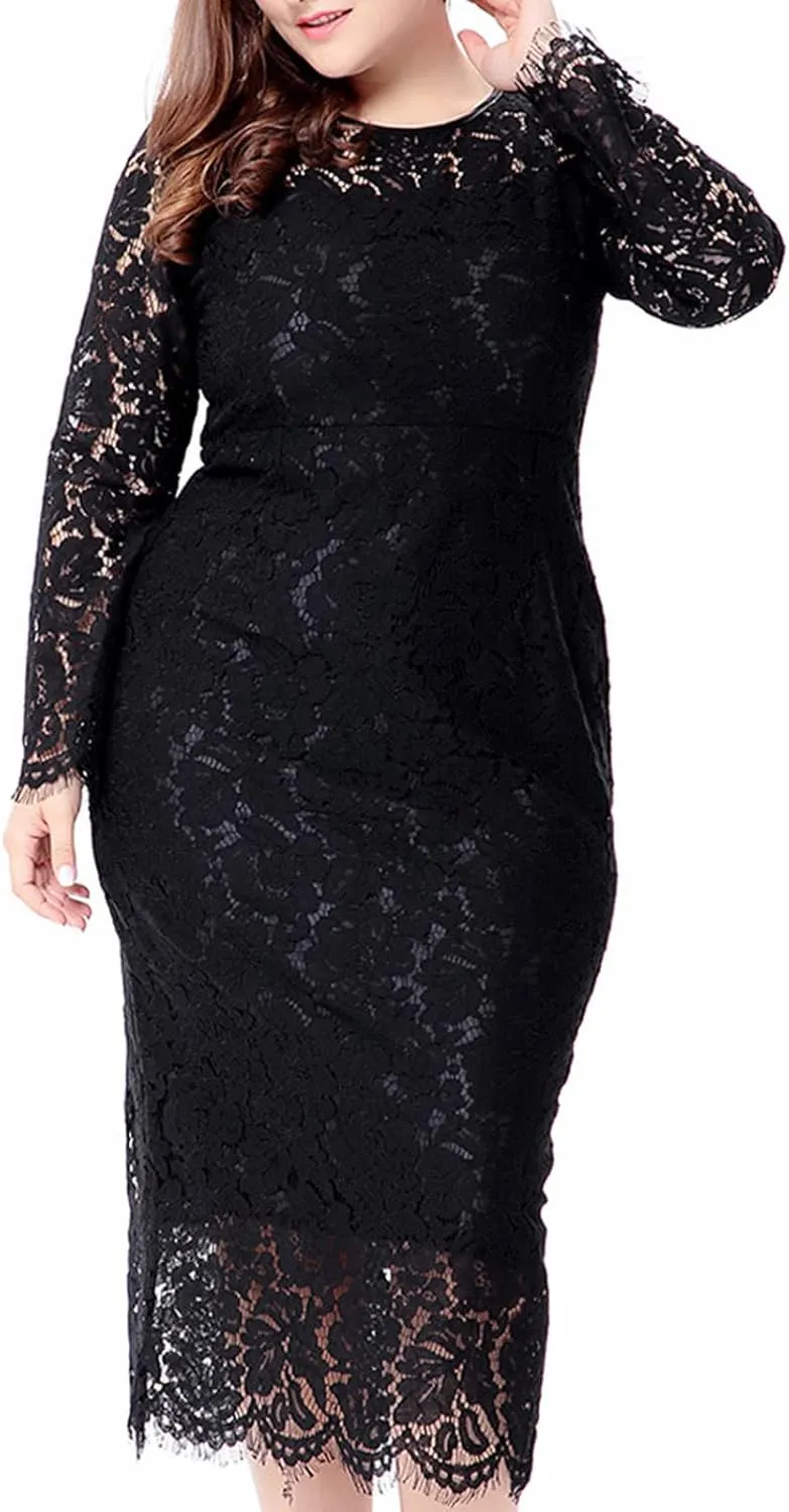 XUNRYAN Womens Plus Size Floral Lace Long Sleeve Round Neck Elegant Bodycon Midi Dress Cocktail Wedding Guest Dresses Gown