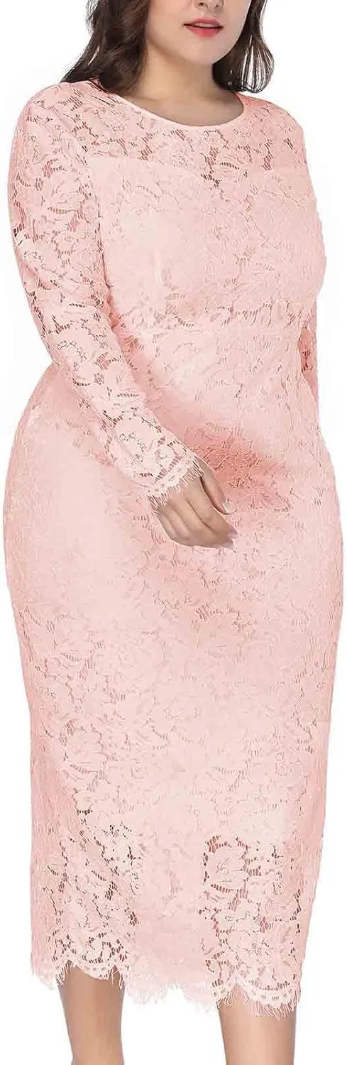 XUNRYAN Womens Plus Size Floral Lace Long Sleeve Round Neck Elegant Bodycon Midi Dress Cocktail Wedding Guest Dresses Gown