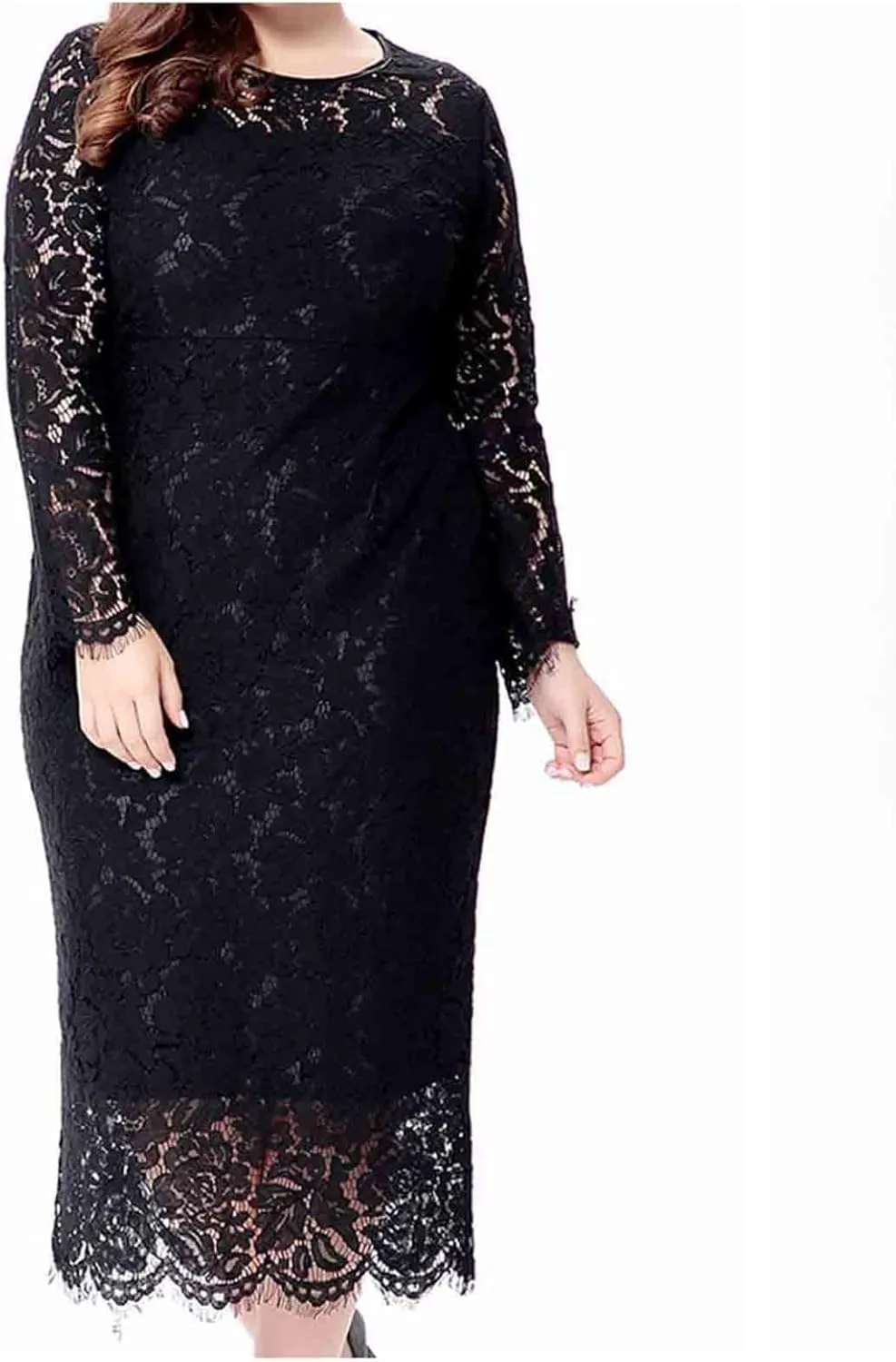 XUNRYAN Womens Plus Size Floral Lace Long Sleeve Round Neck Elegant Bodycon Midi Dress Cocktail Wedding Guest Dresses Gown