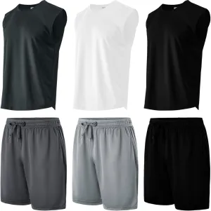 Yasumond Men's Workout Tank Top and Bottom Sets 3 Pack Sleeveless Muscle T-Shirts with 3 Pack Mesh Dry Fit Athletic Shorts for Bodybuilding Gym Active Basketball (SETA 3XL)