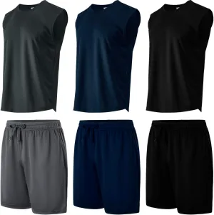 Yasumond Men's Workout Tank Top and Bottom Sets 3 Pack Sleeveless Muscle T-Shirts with 3 Pack Mesh Dry Fit Athletic Shorts for Bodybuilding Gym Active Basketball (SETB M)