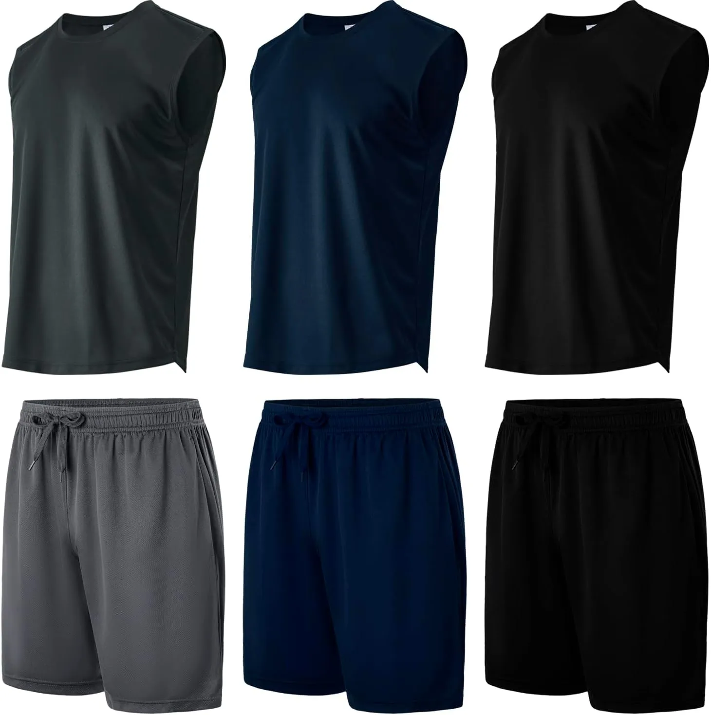 Yasumond Men's Workout Tank Top and Bottom Sets 3 Pack Sleeveless Muscle T-Shirts with 3 Pack Mesh Dry Fit Athletic Shorts for Bodybuilding Gym Active Basketball (SETB M)