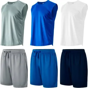 Yasumond Men's Workout Tank Top and Bottom Sets 3 Pack Sleeveless Muscle T-Shirts with 3 Pack Mesh Dry Fit Athletic Shorts for Bodybuilding Gym Active Basketball (SETC 2XL)