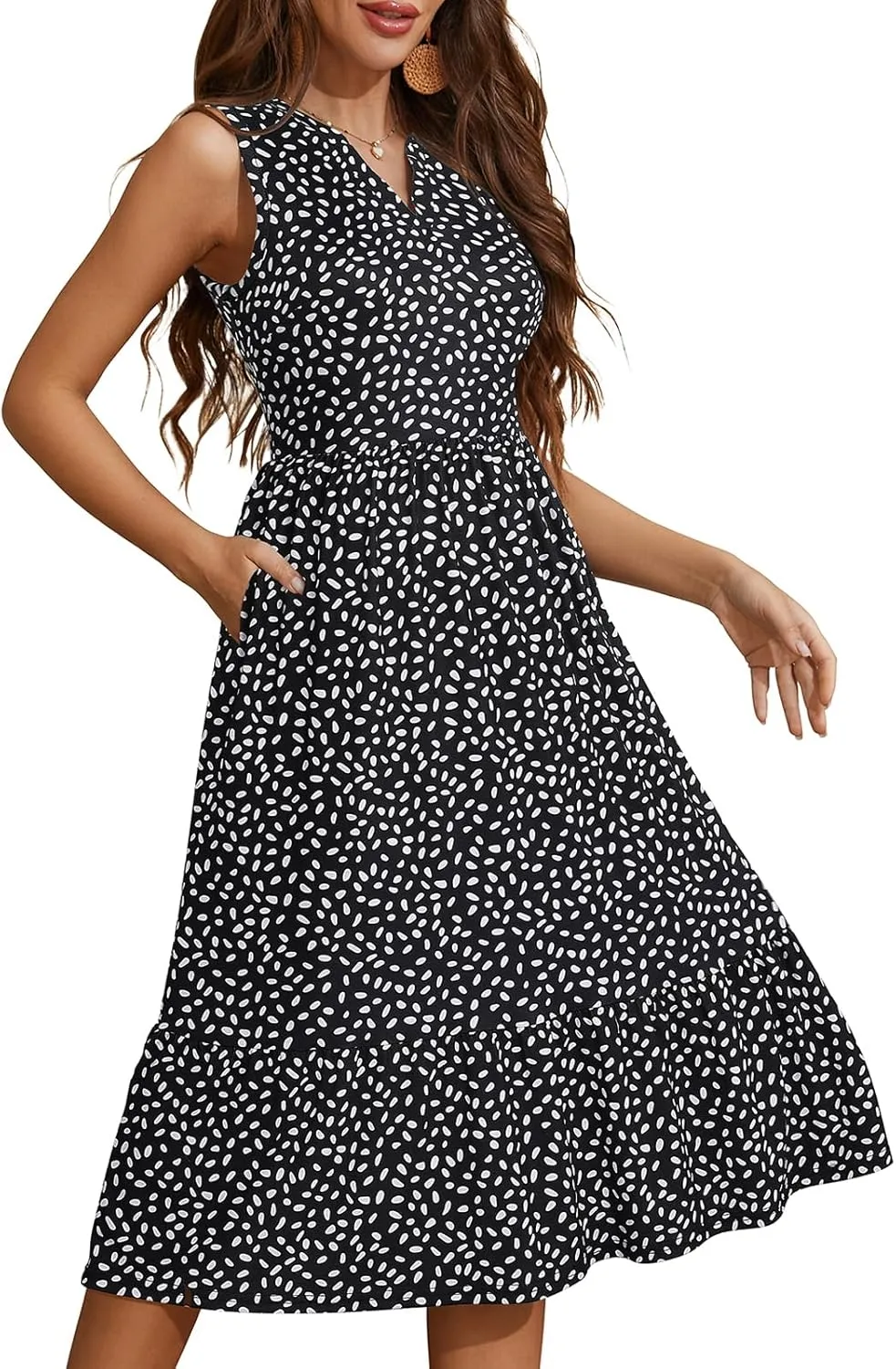 YATHON Womens Summer Sundress Notched Neck Slant A Line Tiered Midi Dresses with Pockets