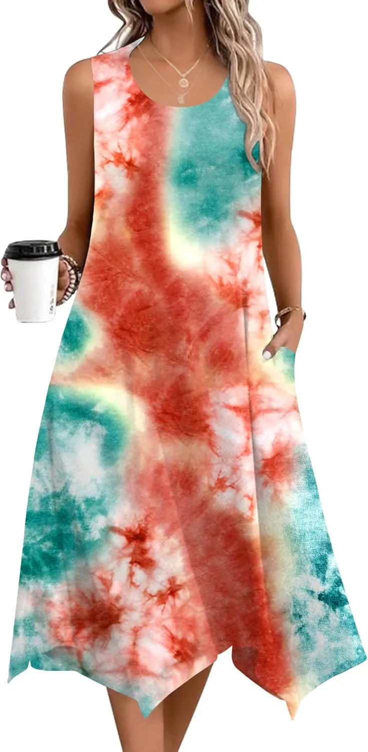 Zeagoo Womens Casual Dress for Summer Tank Dress Loose Flowy Beach Dress with Pockets Hankerchief Flare Midi Sundress 2025
