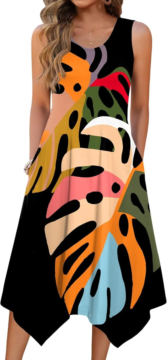 Zeagoo Womens Casual Dress for Summer Tank Dress Loose Flowy Beach Dress with Pockets Hankerchief Flare Midi Sundress 2025