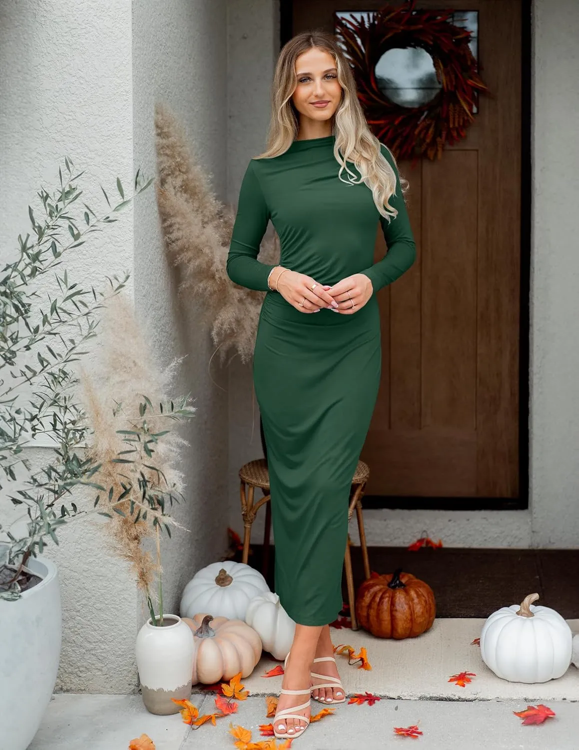 ZESICA Women's Spring Long Sleeve Bodycon Maxi Dresses Sexy Ruched Crew Neck Slim Fit Cocktail Party Dress