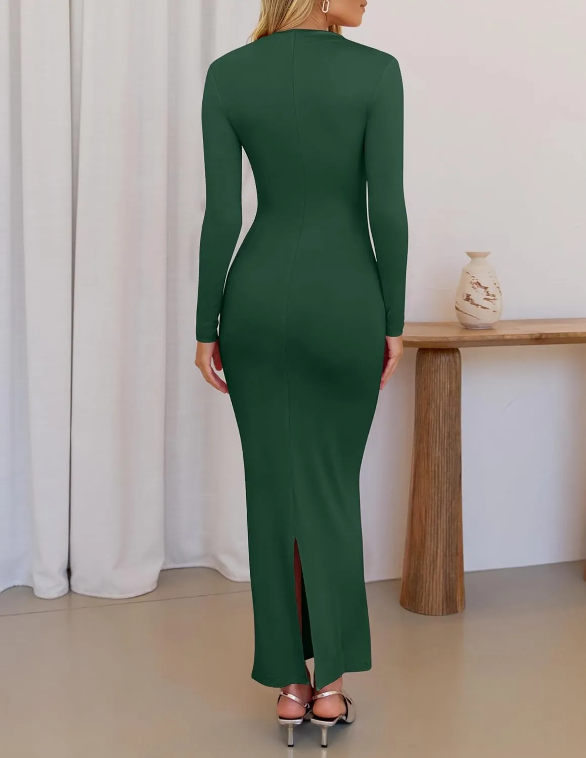 ZESICA Women's Spring Long Sleeve Bodycon Maxi Dresses Sexy Ruched Crew Neck Slim Fit Cocktail Party Dress